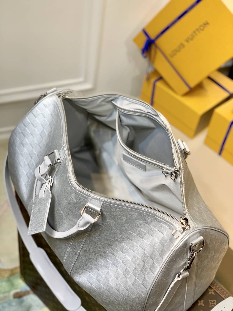 LV Duffle Bag Replica Glitter Damier Keepall Silver N58041