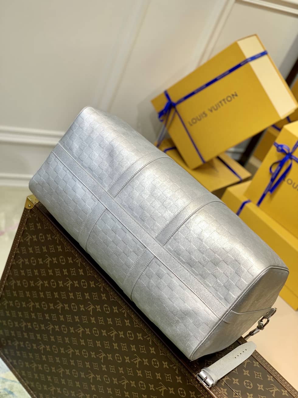 LV Duffle Bag Replica Glitter Damier Keepall Silver N58041