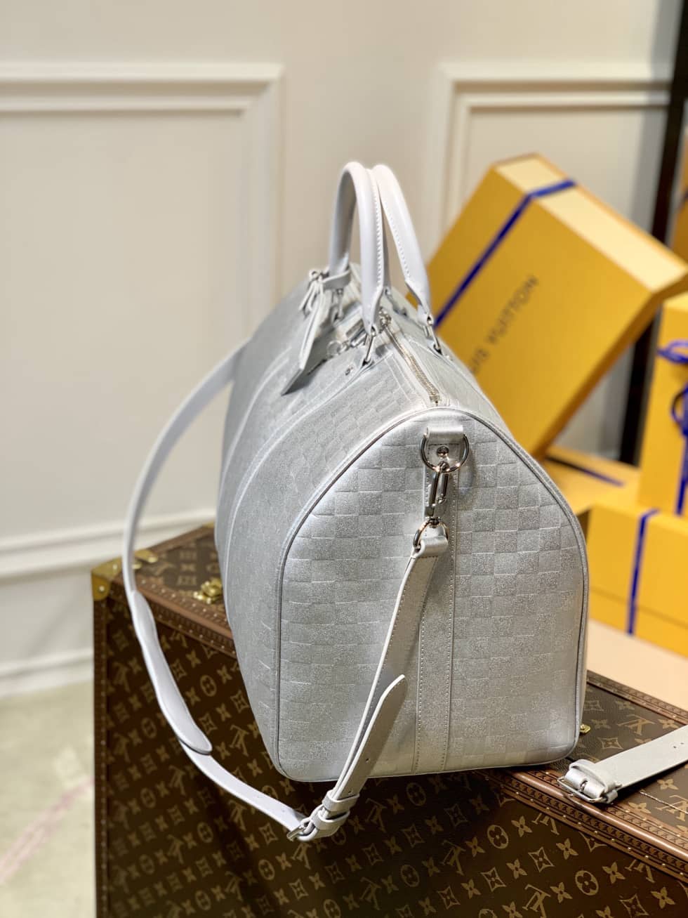 LV Duffle Bag Replica Glitter Damier Keepall Silver N58041