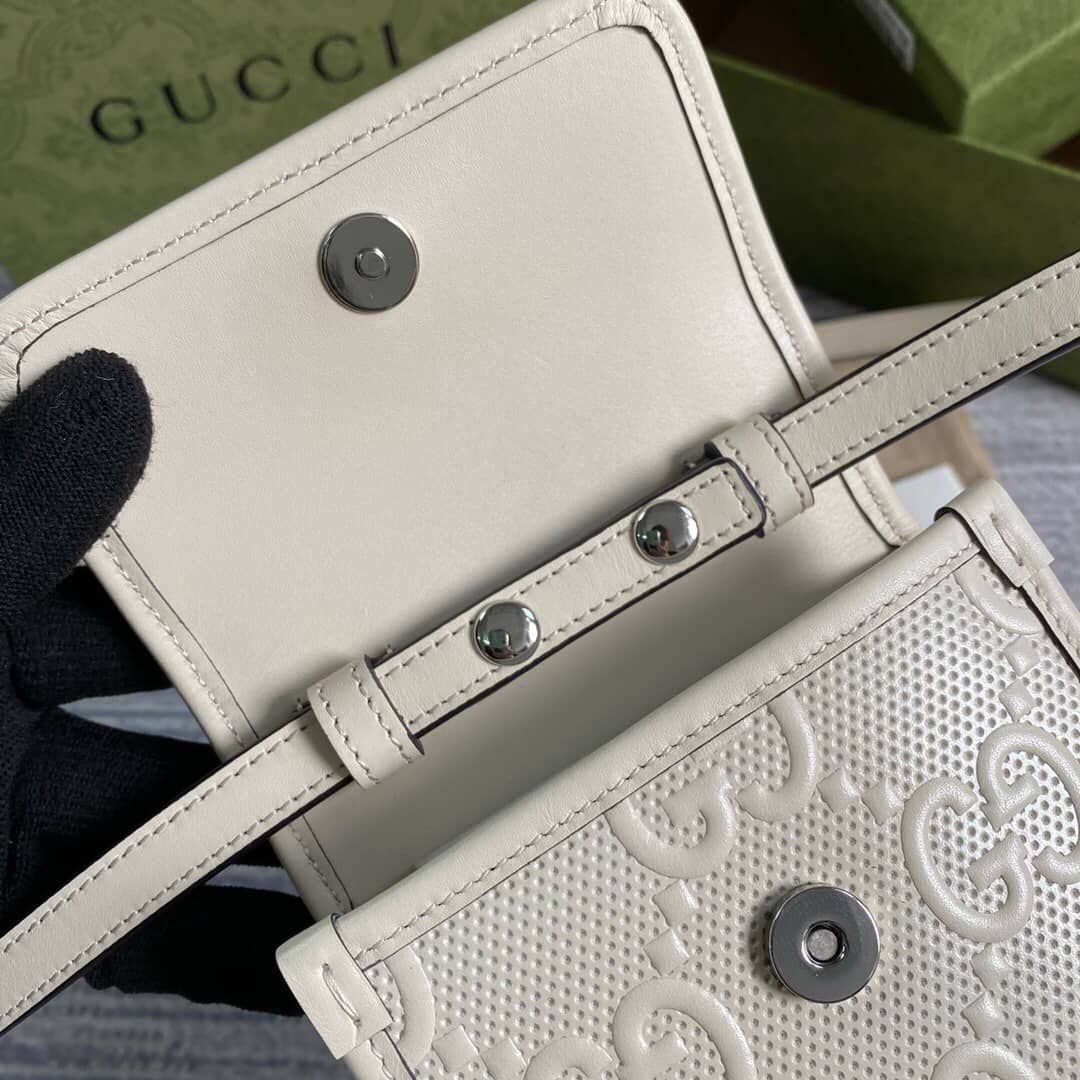 Gvc*1 GG Embossed Leather Mini Messenger Bag Replica White 625571